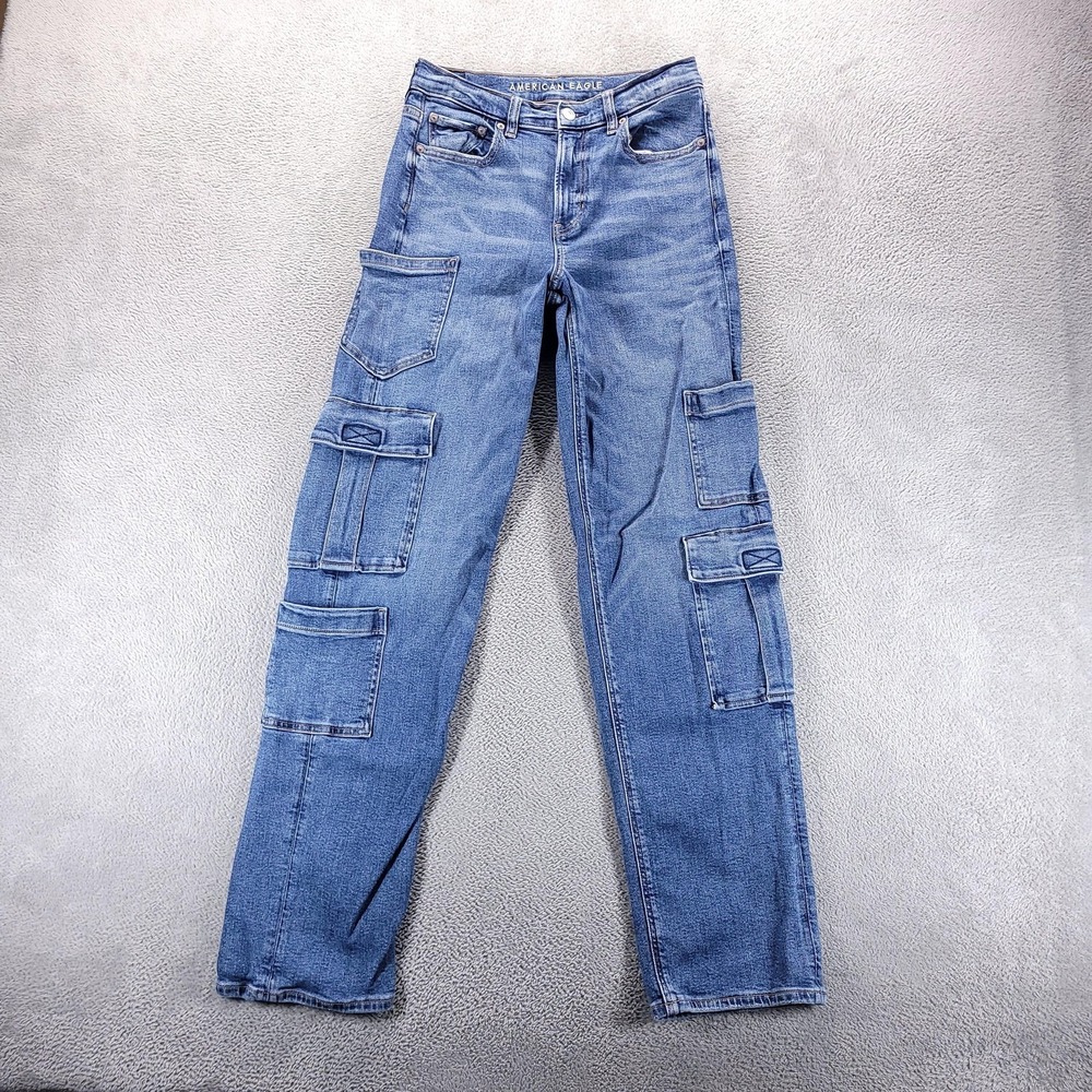 American Eagle Jeans Womens 4 Long Blue Super High Rise Baggy Straight Cargo